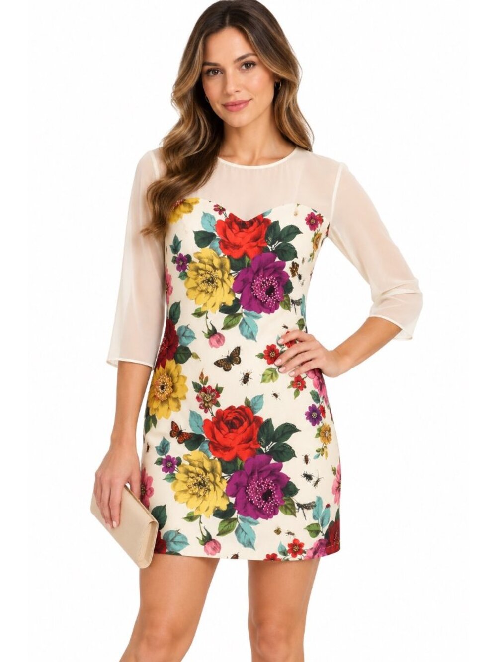 Ted Baker Floral Mini Dress With Sheer Sleeves Size 2 Cream Multicolor